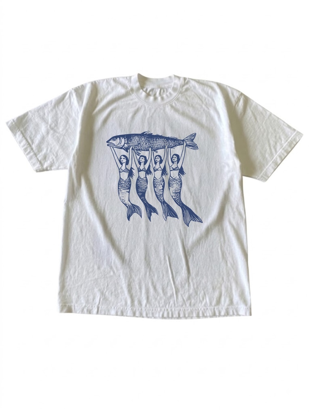 Mermaids Carrying Big Sardine Four Fish White Ocean Graphic T-Shirt